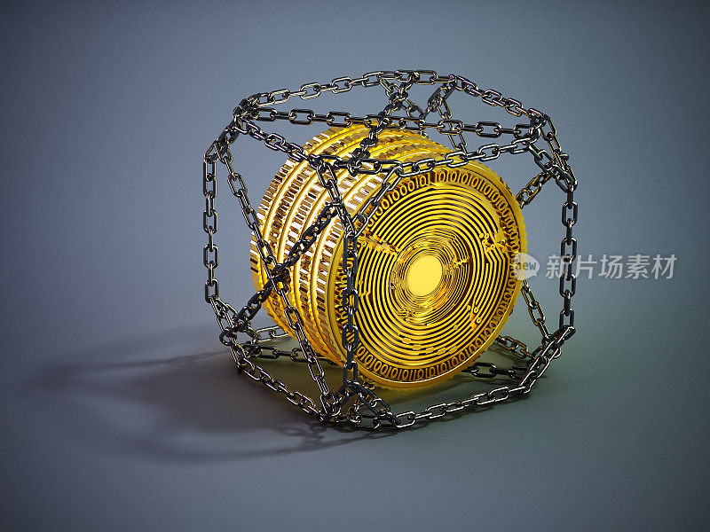 加密货币/区块链概念，虚拟硬币在立方体形状的链结构